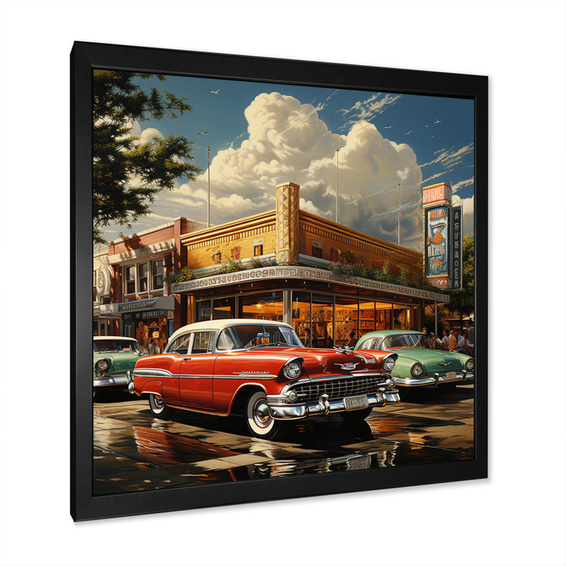 Red Mid Century Retro Reverie - Transportation Canvas Wall Art, Cadre photo noir, H 36 po x l 36 po x P 1,5 po