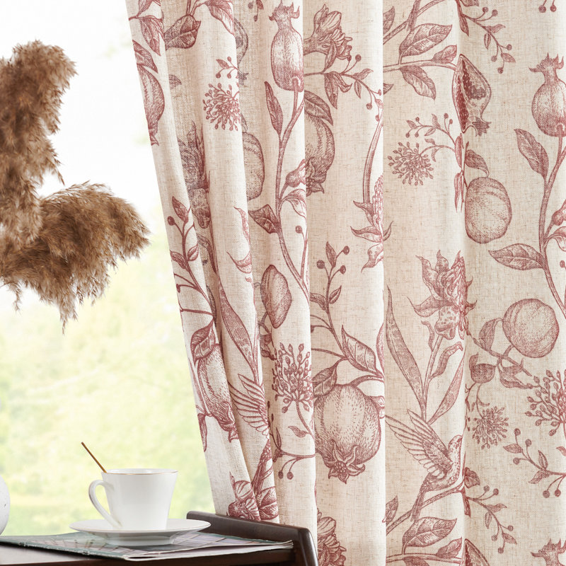 Nathnael Linen Blend Toile Semi-Sheer Curtain Panel Pair, 50" W x 63" L, Red