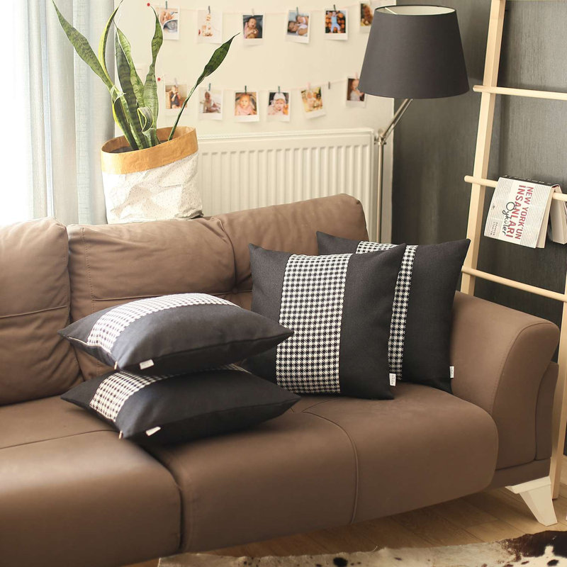 Ensemble de 4 housses de coussin pied-de-poule, Noir / blanc