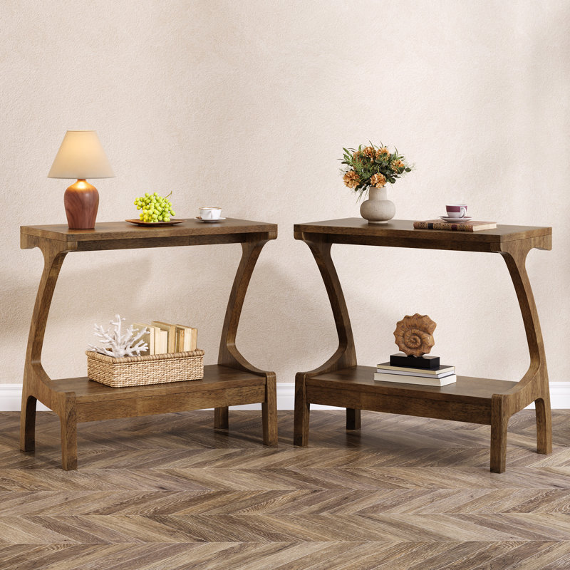 Ensemble de 2 tables de bout, table d'appoint en bois massif à 2 niveaux, Brun
