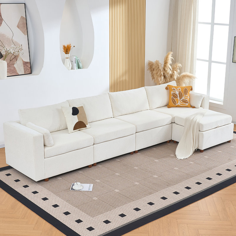  Canapé modulaire de 145 po avec repose-pieds de rangement, canapé en L 6 places, blanc, White Chenille
