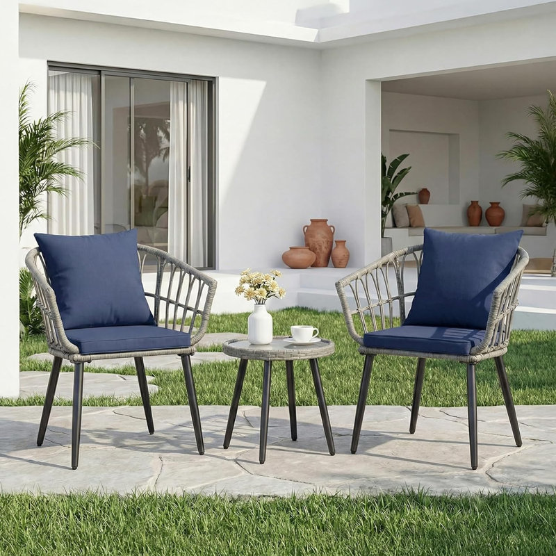 Ensemble bistro de patio avec coussins, ensemble de meubles en osier d'extérieur avec table en verre trempé pour patio, cour arrière, terrasse