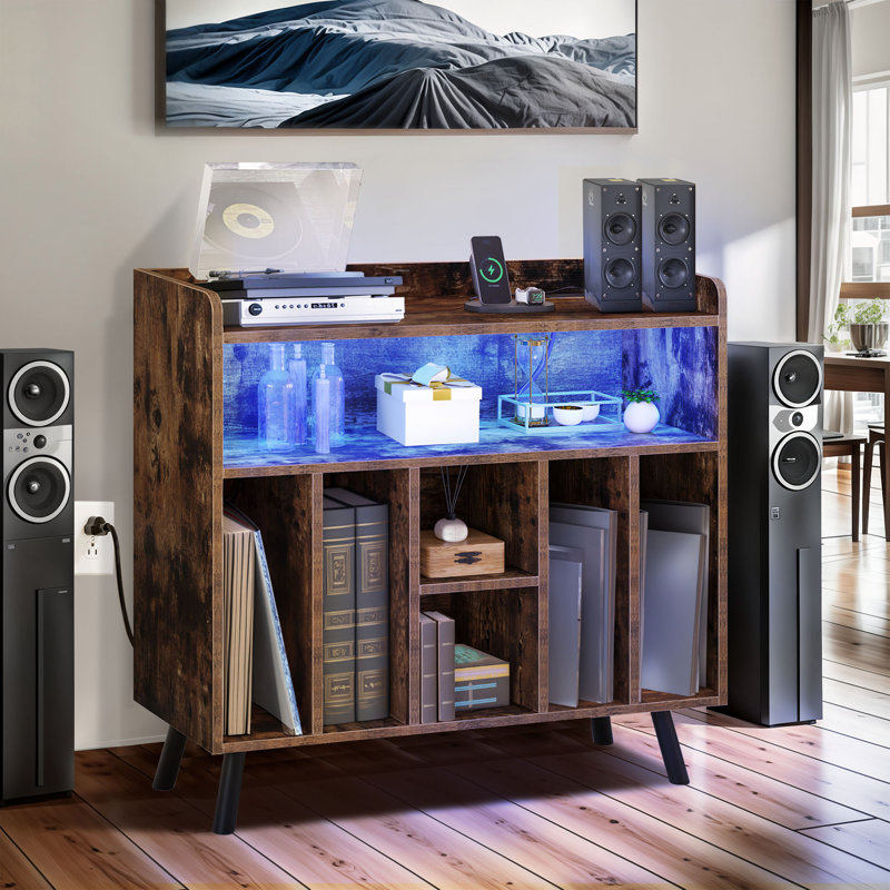 Support pour lecteur de disques Mid-Century avec lumières DEL, station de charge et tablettes en vinyle H 33,1 po