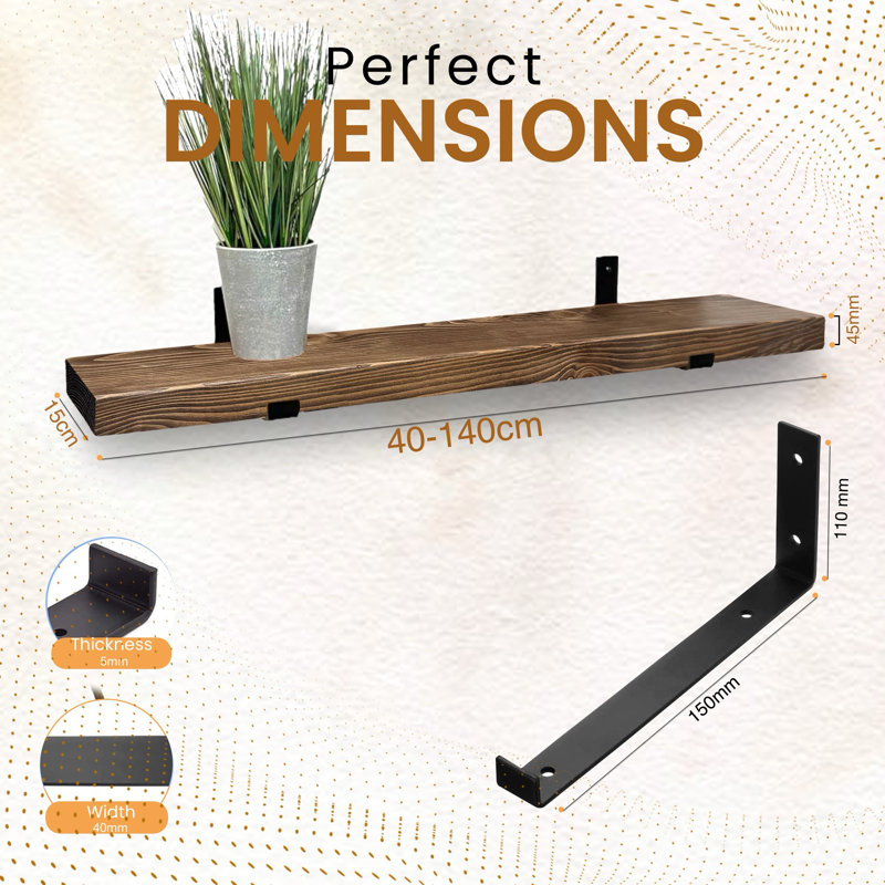 Unique Wood Bracket Shelf, 4.5cm H x 100cm W x 15cm D, Walnut