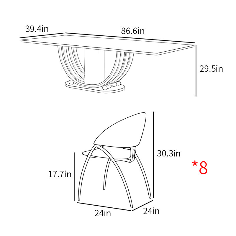 Ensemble de table de salle à manger moderne en pierre frittée, H 29,5 po x L 86,6 po x l 39,4 po