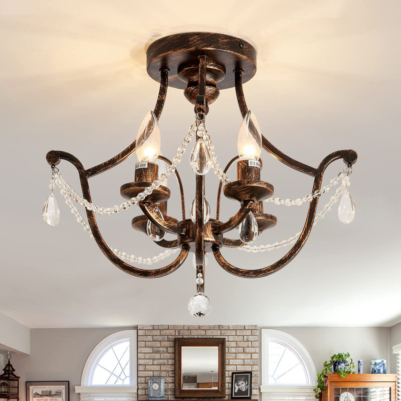 Vintage Semi Flush Mount Crystal Chandelier Oil Rubbed Bronze 4-Light Small Metal Ceiling Light Fixture Farmhouse Ceiling Lamp