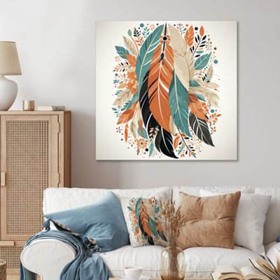 Plumes de bohème rétro en bleu et orange sur toile