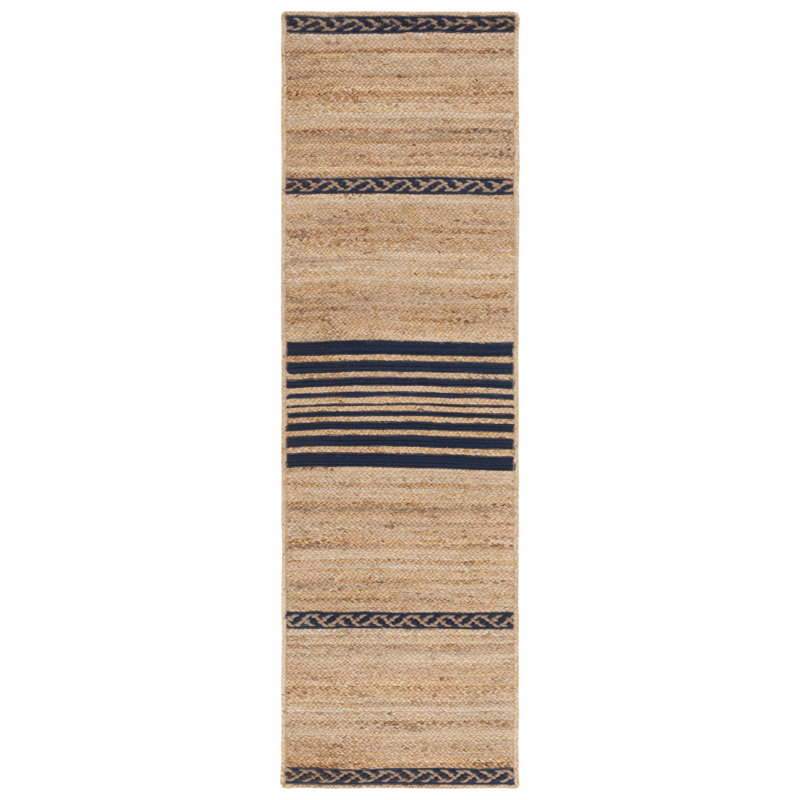 Koriana Natural Fiber Hand Loomed Jute/Cotton Striped Rug in Natural/Navy, Runner 2'3" x 8'