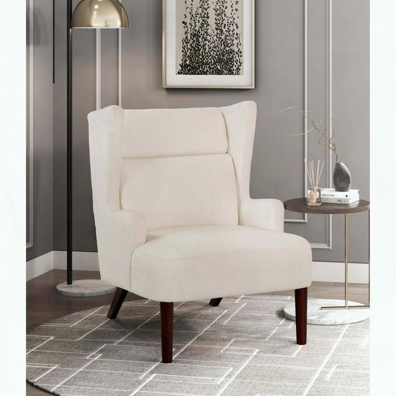 Fauteuil à oreilles contemporain, tissu chenille et pieds espresso, Beige