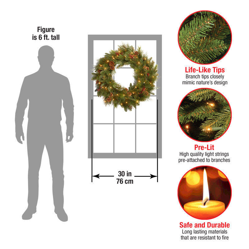 The Holiday Aisle® Decorative Collection Noble Mixed Wreath with Battery Operated LED Lights, 30" H x 30" W x 5" D