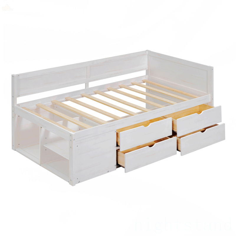 Lit de jour avec tiroirs et tablettes Kisseur, Lit simple, Blanc