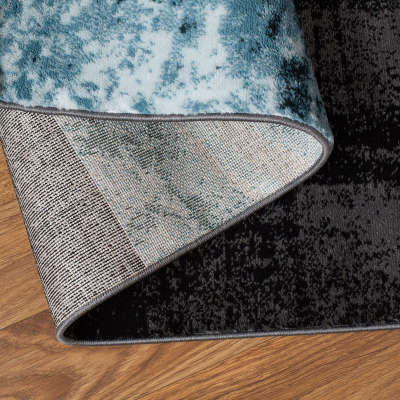 Tapis moderne performance gris, ivoire et bleu à motif abstrait Fanton, Tapis de couloir 2 pi 7 po x 12 pi, Bleu/gris