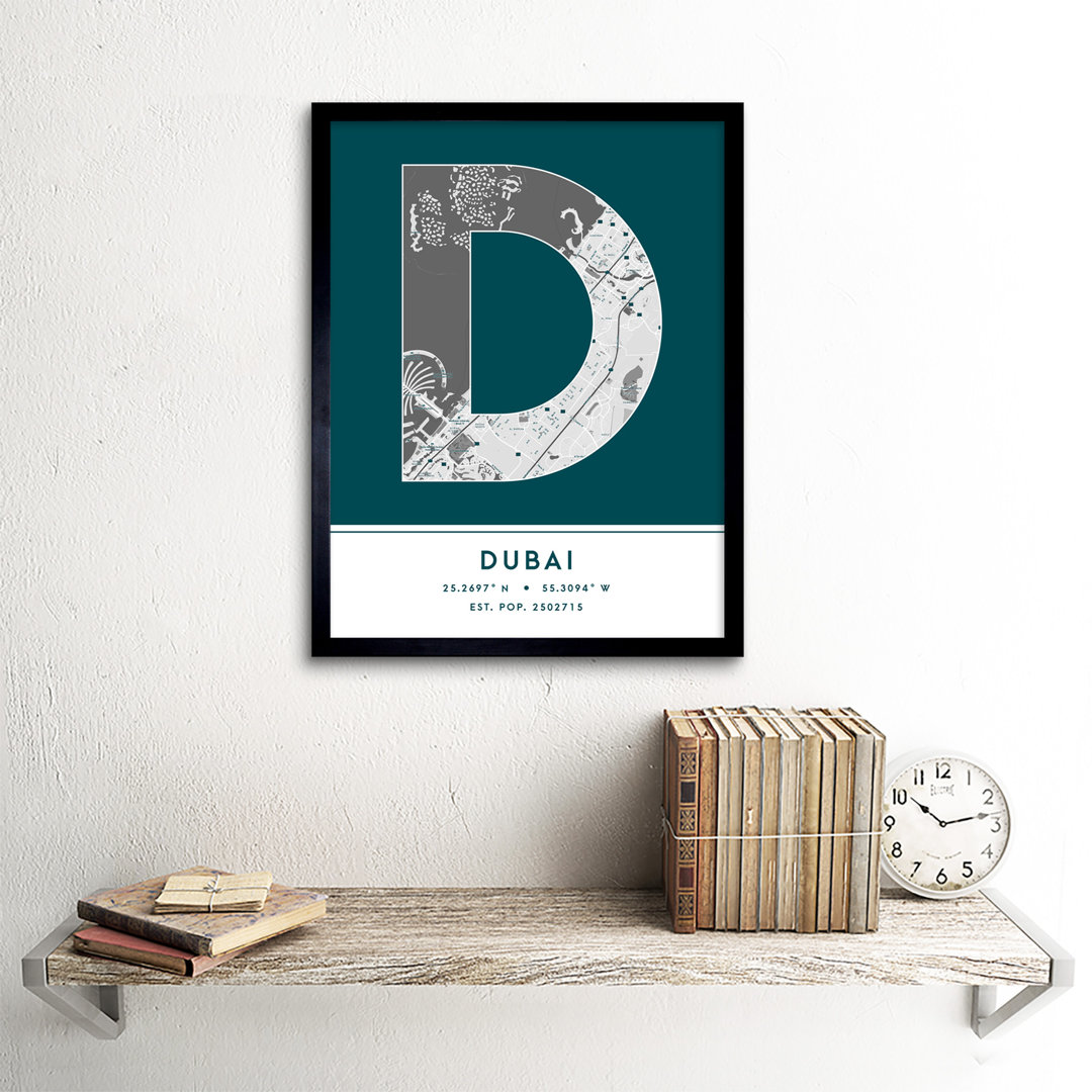 Dubai City Map Dubai Teal - Single Picture Frame Typography