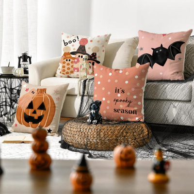 Colorlife Halloween Boo It's Spooky Season Cute Ghost Throw Pillow Covers, 18 X 18 Inch Horror Pumpkin Bat Polka Dot Cushion Case For Sofa Couch Set Of 4,Pink