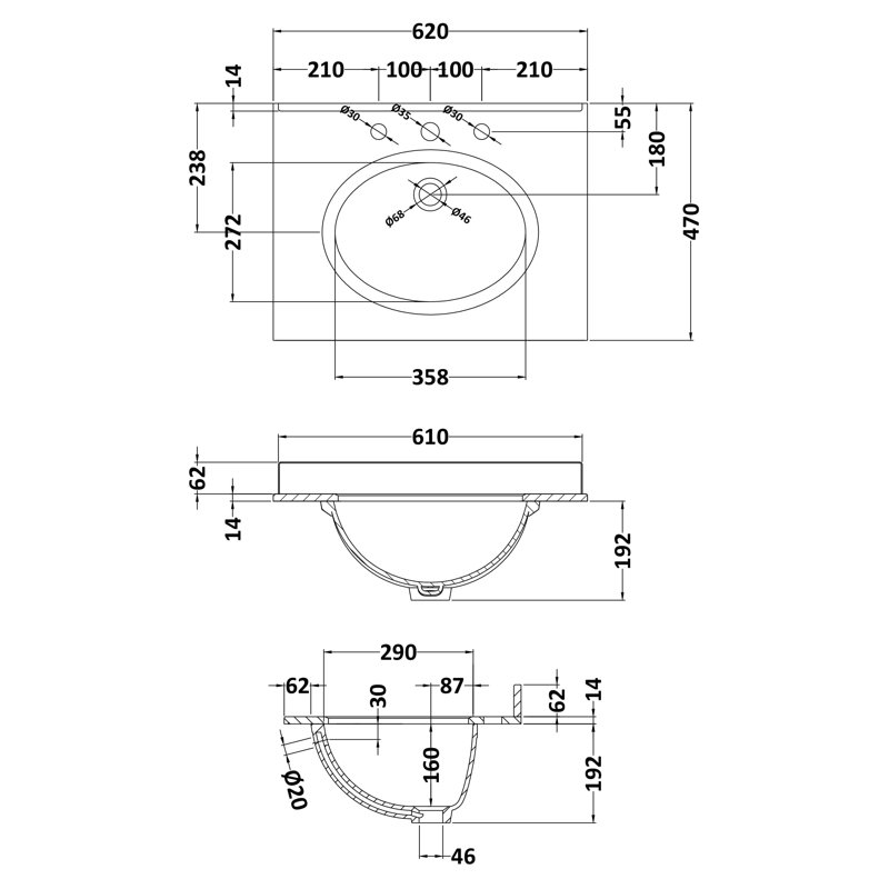 Nuie 470mm W Oval Sink with Overflow, Grey