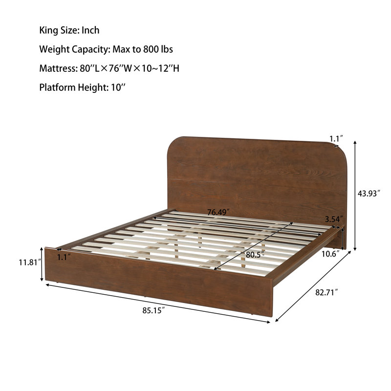 Lit plateforme en bois moderne Delsin avec tête de lit arrondie, structure à profil bas et finition en bois naturel, Walnut