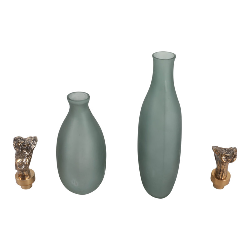 Ensemble de 2 vases décoratifs modernes en verre en forme de larme pour la décoration intérieure - Vases hauts contemporains pour la mise en valeur de la table - Lot de 2, 35,5 cm et 28 cm, vert et argent