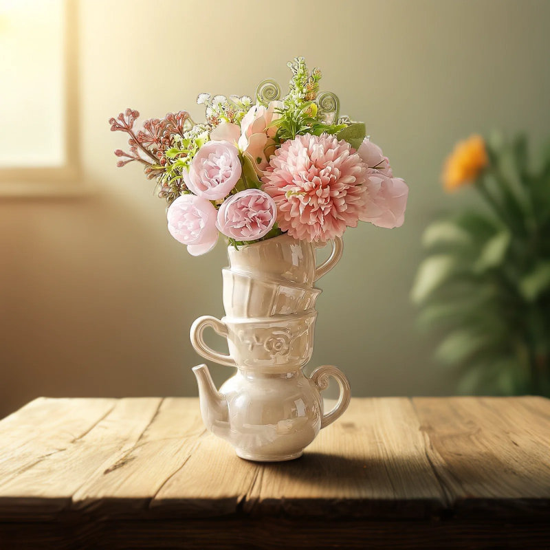 Mini Pearlescent Teacup Bud Vase 6 Inch, Ceramic Antique Vintage Kitchen Decor, Whimsical Tea Party Favor For Wedding Gift Birthday Bridal Shower Home Centerpiece
