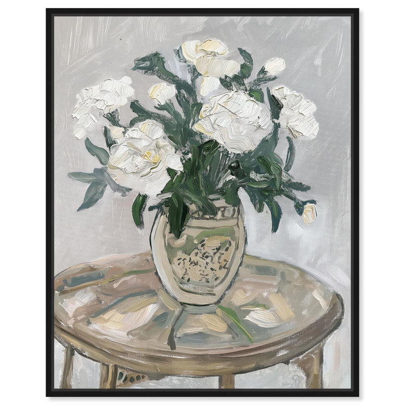 Fleurs de table brillantes sur toile de table par Art Remedy, Cadre flottant noir, H 21 po x l 17 po