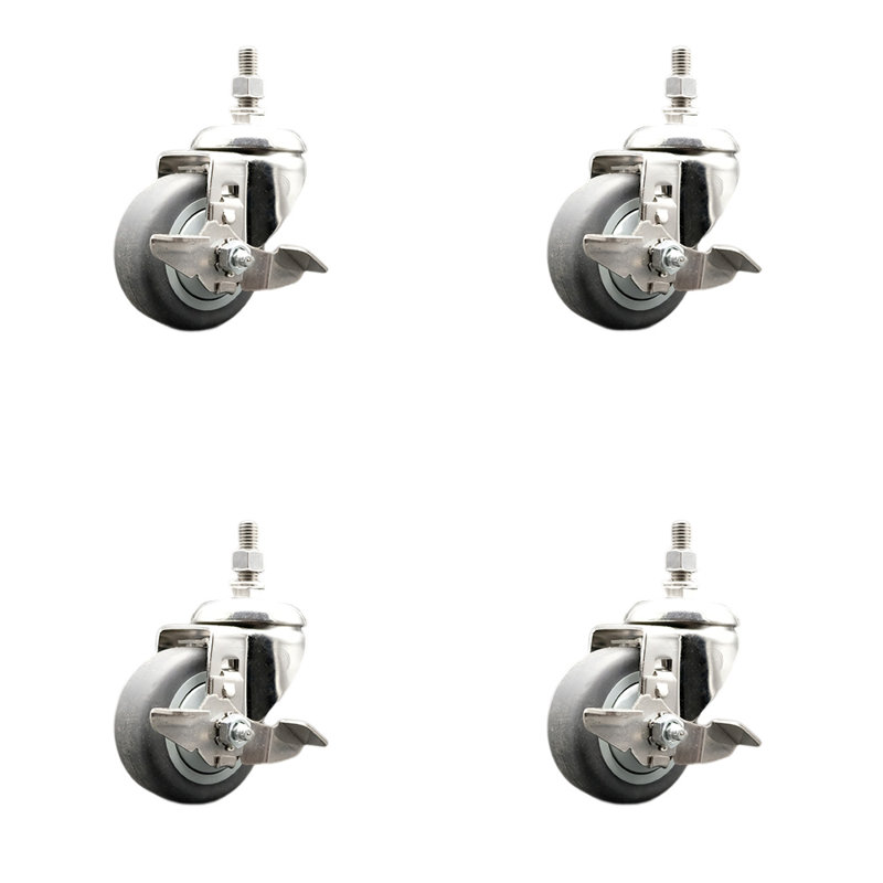 316SS Thermoplastic Rubber Swivel Threaded Stem Caster Set Brake