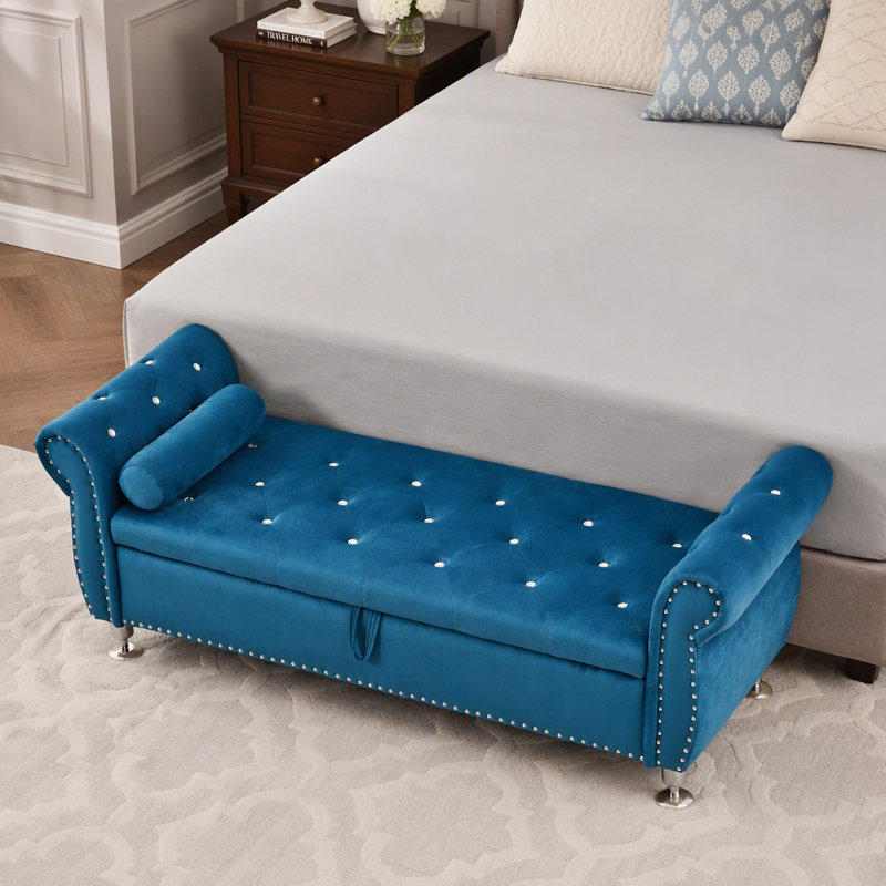 Banc de rangement en velours de 62,2 pouces avec boutons en cristal et 1 coussin, pour chambre à coucher et salon