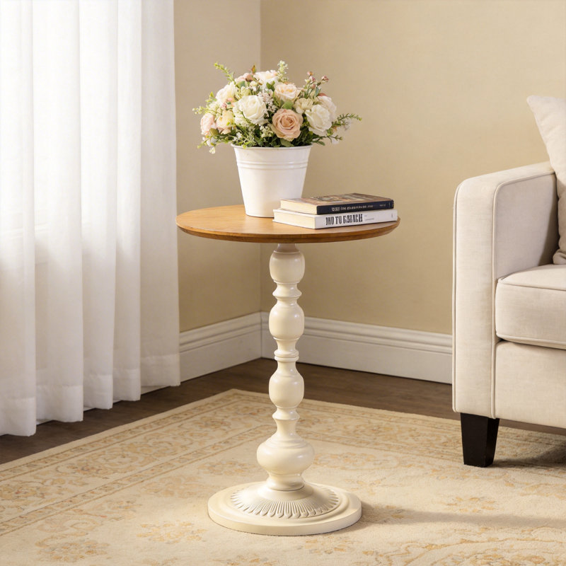 15.7" Vintage Pedestal Natural Round End Table Metal Base For Living Room&Bedroom, Natural/Cream