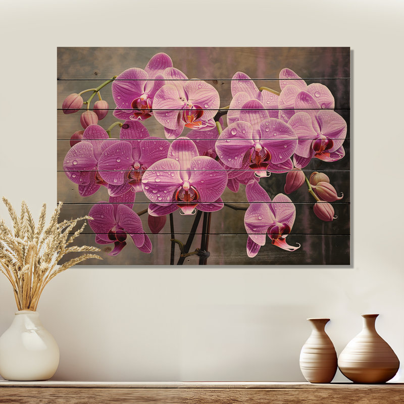 Orchidées roses, oasis I - art sur bois de pin naturel, H 30 po x l 40 po