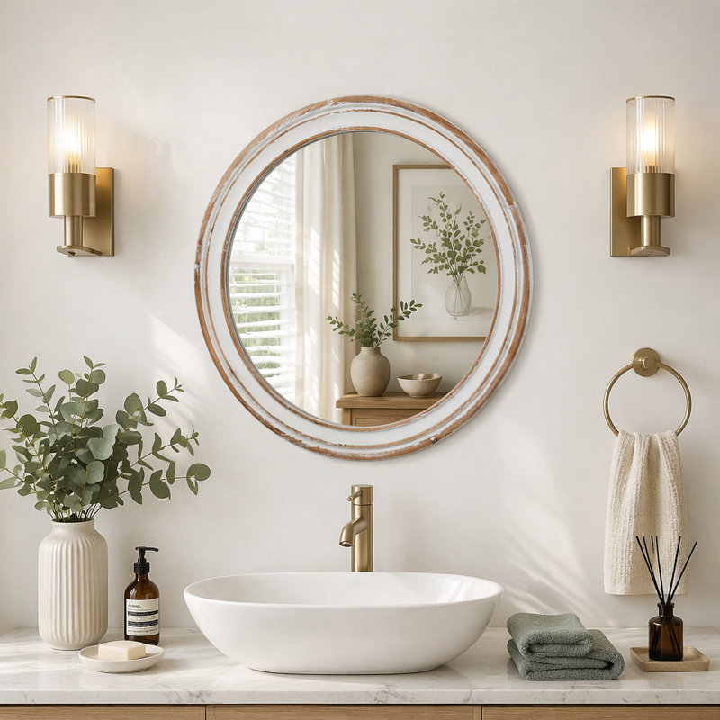 Miroir mural rond en bois pour meuble-lavabo, 23.62"