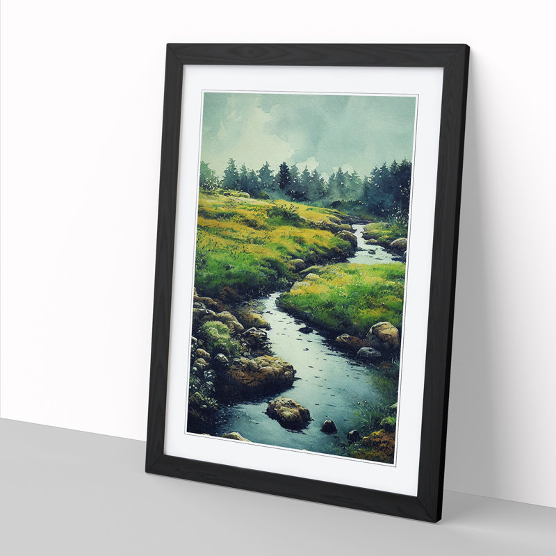Watercolour Babbling Brook Vol.1 - Single Picture Frame Print, 64cm H x 46cm W x 2cm D, Walnut