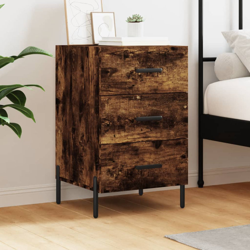 Mevsud 40cm W Iron Bedside Table, Smoked Oak