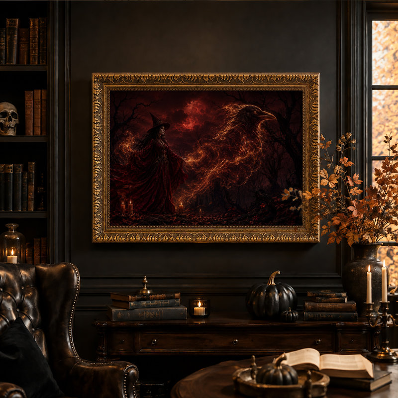Sorcière et corbeau lumineux dans une forêt sombre sous une toile rouge d'Halloween, 20"H x 30"W