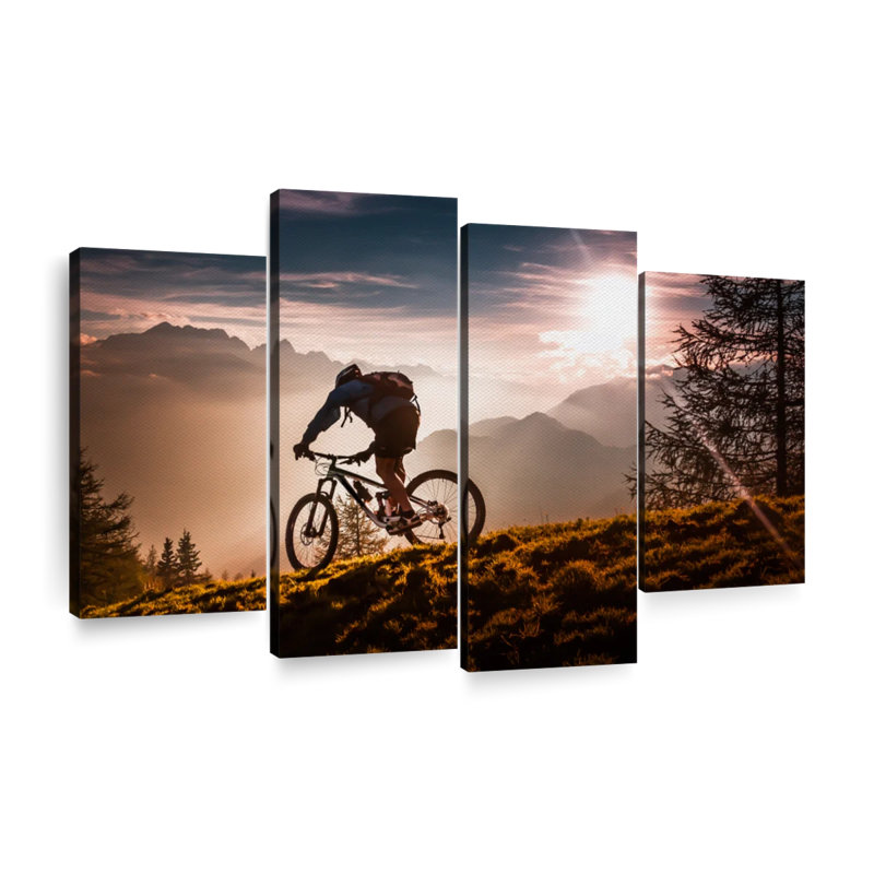 Coucher de soleil à vélo sur toile 4 pièces, H 22 po x l 36 po x P 1 po
