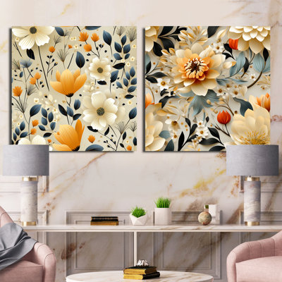 White Blossoms In Paradise III - Ensemble de 2 collages carrés botaniques abstraits