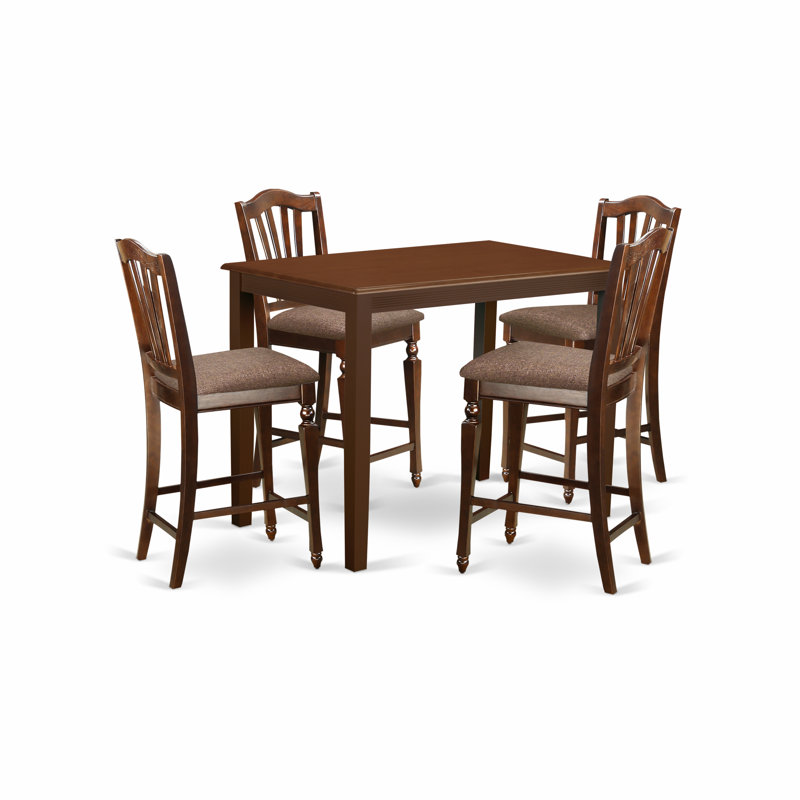 5 Piece Counter Height Dining Set Includes a Rectangle Dinette Table and 4 Linen Fabric Kitchen Dining Chairs, Mahogany