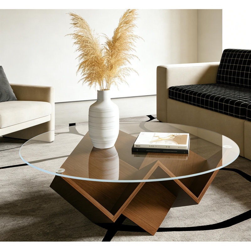 Table basse ronde moderne avec plateau en verre et base géométrique en bois, tablettes de rangement, meubles de salon de 35,4 po