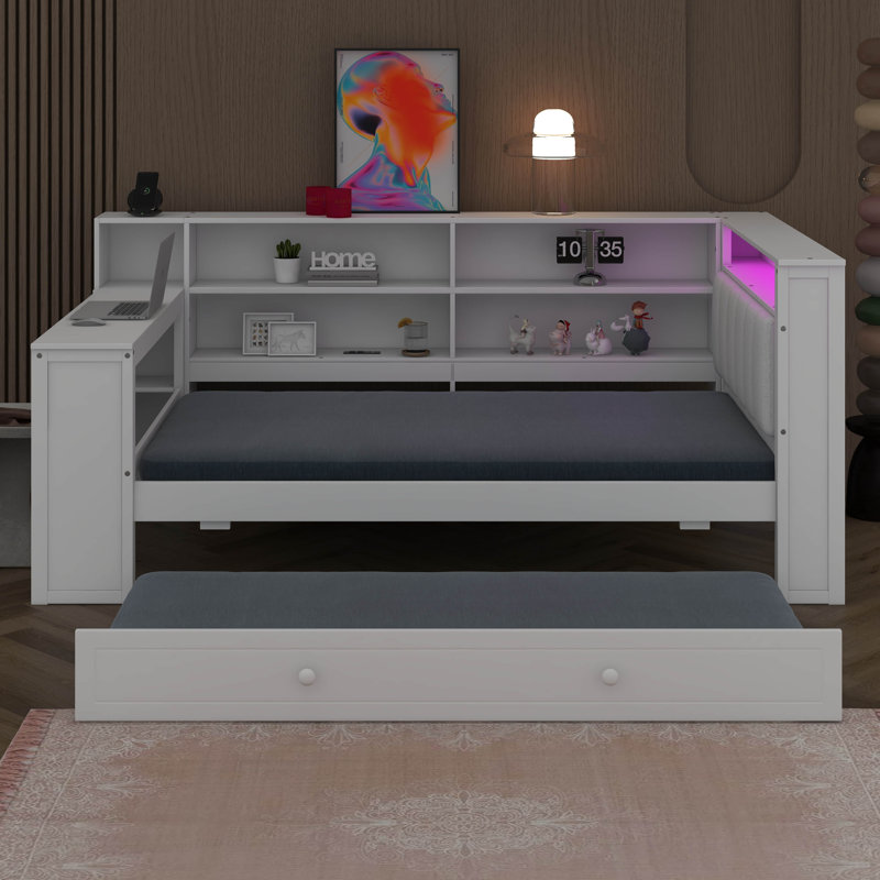 Multi-Functional Twin Size Daybed With Trundle, Built-In Desk, Wood Corner Bed With 8 Storage Shelves, Charging Station, And Upholstered Headboard