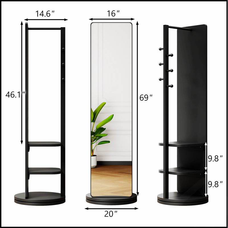 Miroir complet avec support intégré, cadre en bois d'hévéa massif, verre transparent, idéal pour les chambres à coucher et les salons, peu encombrant et élégant (noir)
