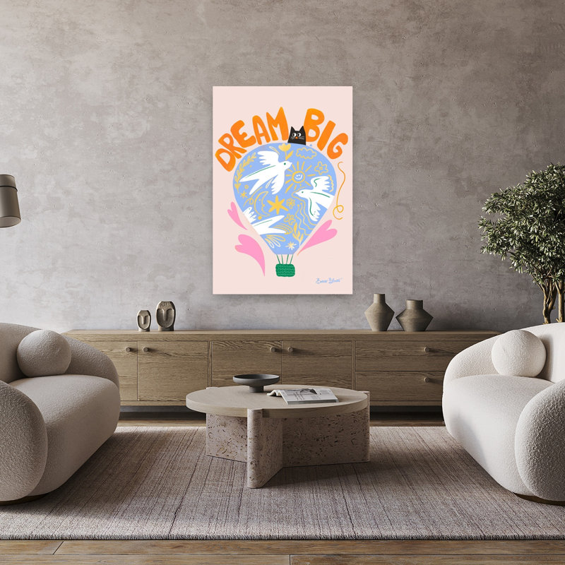 «Dream Big Balloon Cat», fantaisie, contemporain, oiseau, chat, nature, impression murale, H 48 po x l 32 po