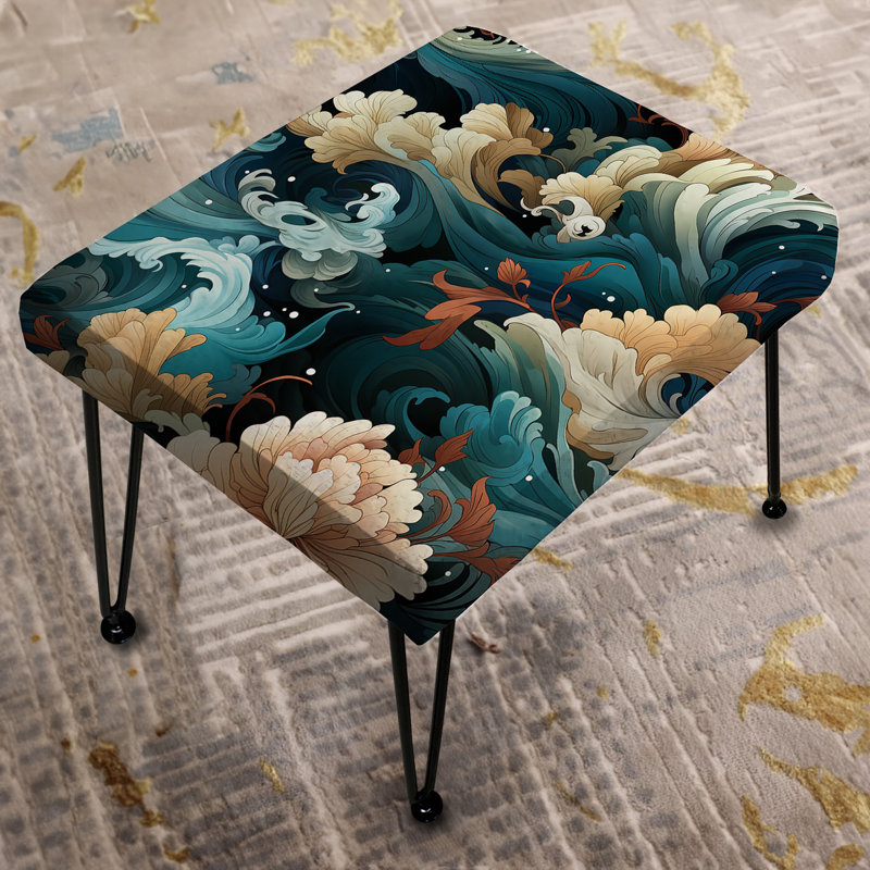 Vagues et fleurs, motif japonais - repose-pieds rectangulaire japonais