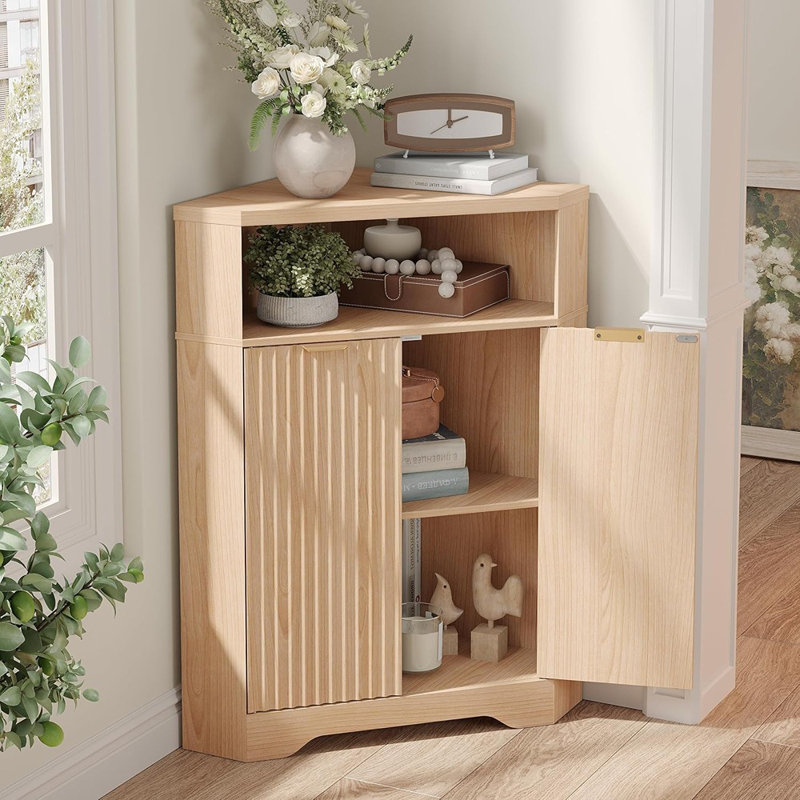 Armoire de coin de salle de bain avec rangement ouvert - Armoire cannelée moderne avec 2 portes et tablette réglable, rangement compact pour la salle de bain, la cuisine, le salon ou le garde-manger