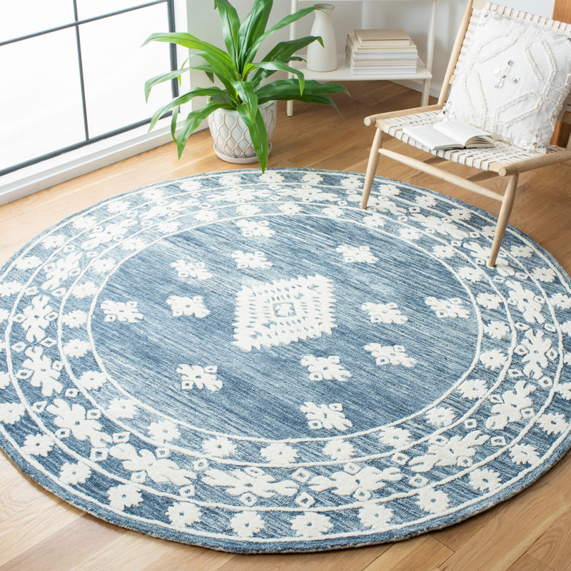Hand Tufted Wool/Cotton Southwestern Rug in Ivory/Navy, Round 7'