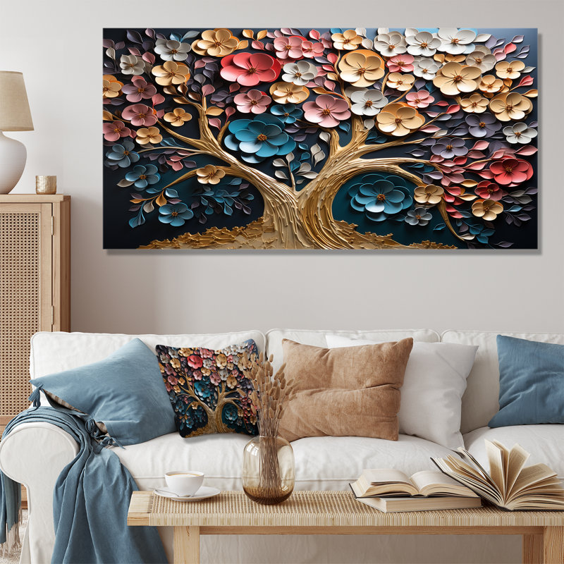 Orchidée dorée colorée, jardin de branches I - art mural arbre, Toile tendue, H 28 po x l 60 po x P 1,5 po