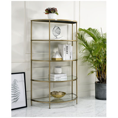 ADITYA 5-Tier Mirrored Display Shelf - Modern Metal Frame Etagere with Tempered Glass Shelves for Living Room Decor