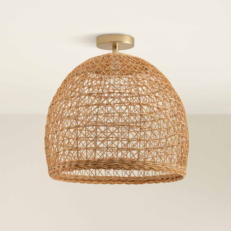 Lumiere Rattan Flush Mount – Medium Rattan & Natural Dome 1-Light Semi Flush Mount Handwoven Dimmable Ceiling Light for Dining Room or Living Room in Farmhouse, Country, and Boho Style