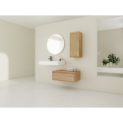 Meuble-lavabo mural de 60 pouces avec lavabo en résine et armoire latérale, 3 tiroirs à fermeture en douceur, fixation flottante