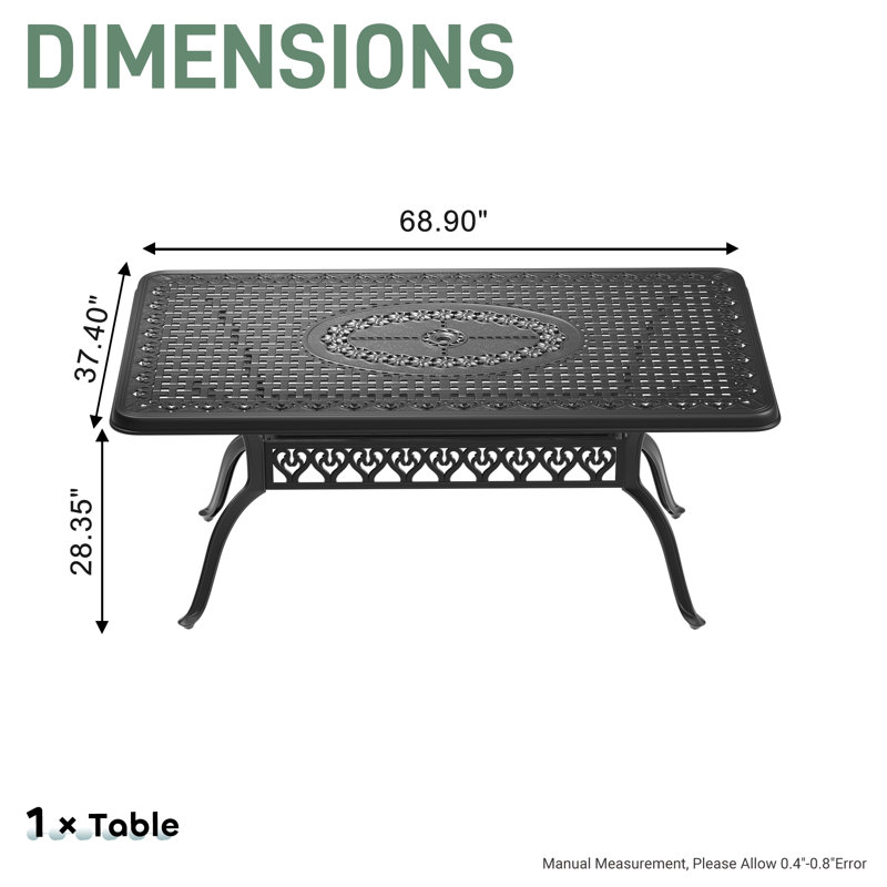 Ensemble de salle à manger rectangulaire de patio 7 pièces, 6 chaises pivotantes avec coussins bleus et trou pour parasol, 6 chaises pivotantes de 6 pouces de long