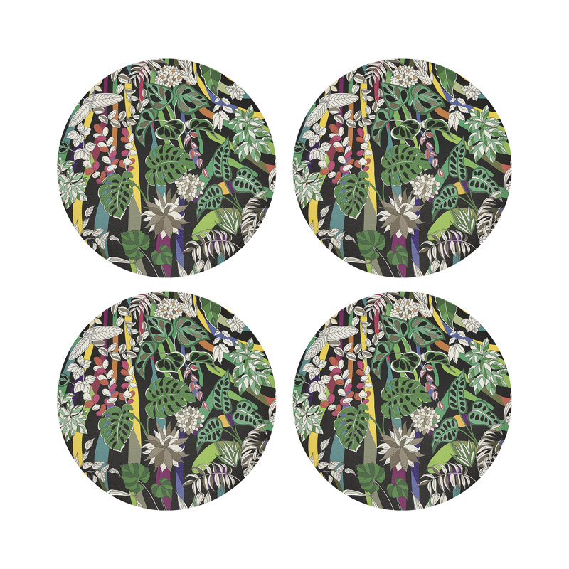 Sabi Jungle Beige Vegan Leather Round Coasters, Black