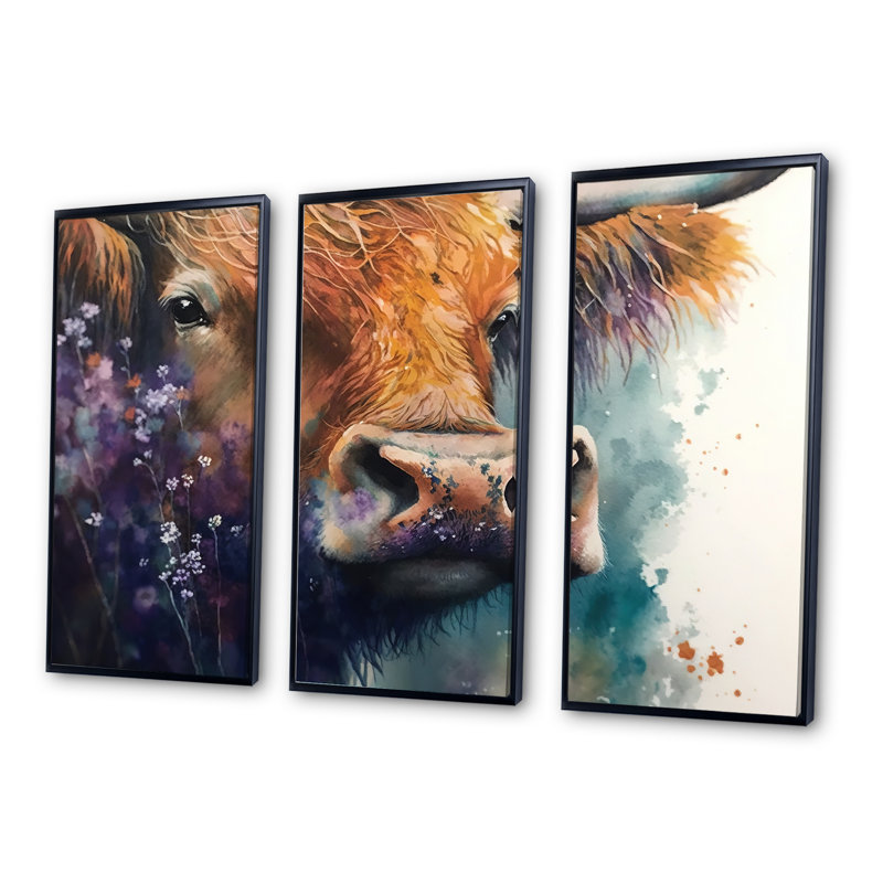 Buffalo In The Wild II - 3 pièces sur toile, Cadre noir, H 28 po x l 36 po x P 1 po