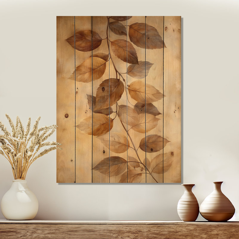 Brown Faded Sepia Leaves VI - Leaves Wood Wall Art - On Natural Pine Wood, 40" H x 30" W x 0.78" D