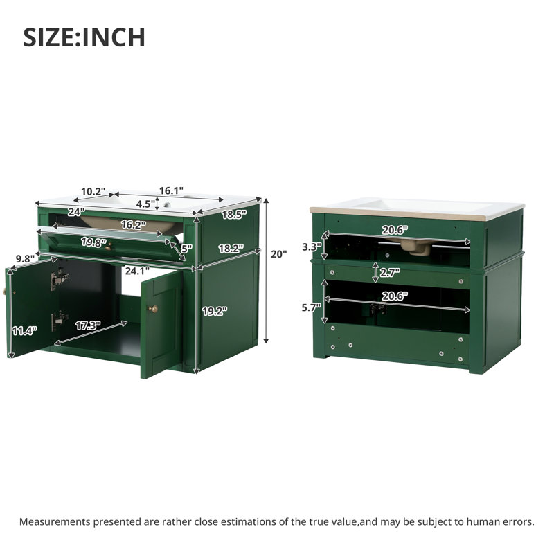 Meuble-lavabo de 61 cm (24 pouces) avec lavabo et tiroir à bascule, Vert